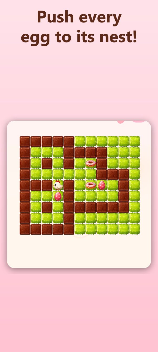 Eggway gameplay — push every egg to its nest across candy-tile puzzles
