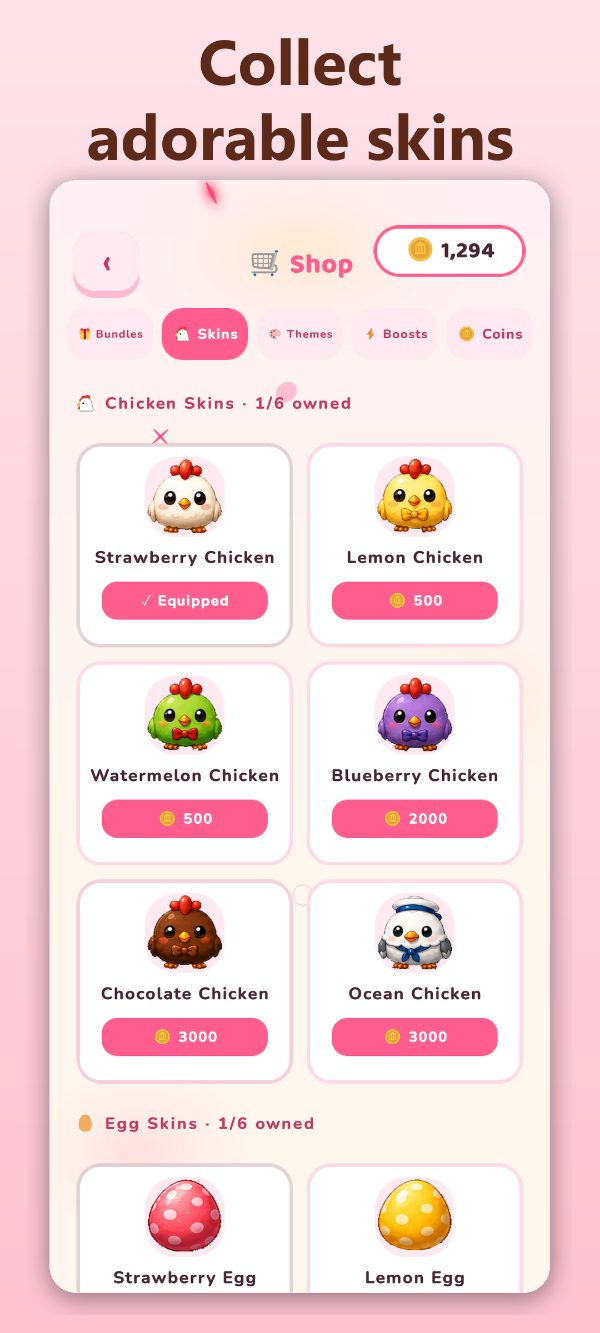 Collectible chicken and egg skins in Eggway